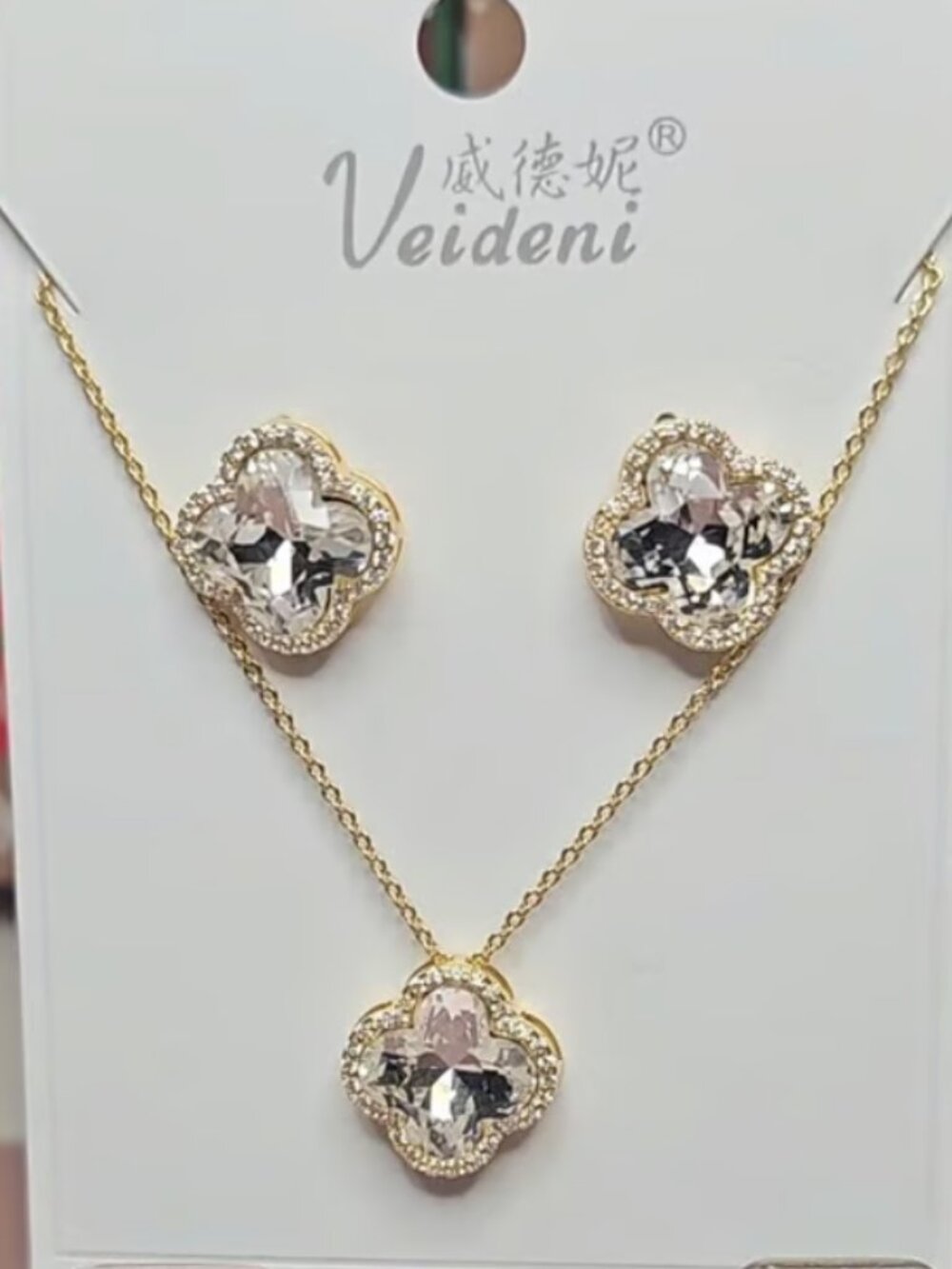 Clover and CZ Necklace and Stud Earrings Set
